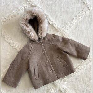 Zara Tan Kids Puffer Jacket with Faux Fur Hood